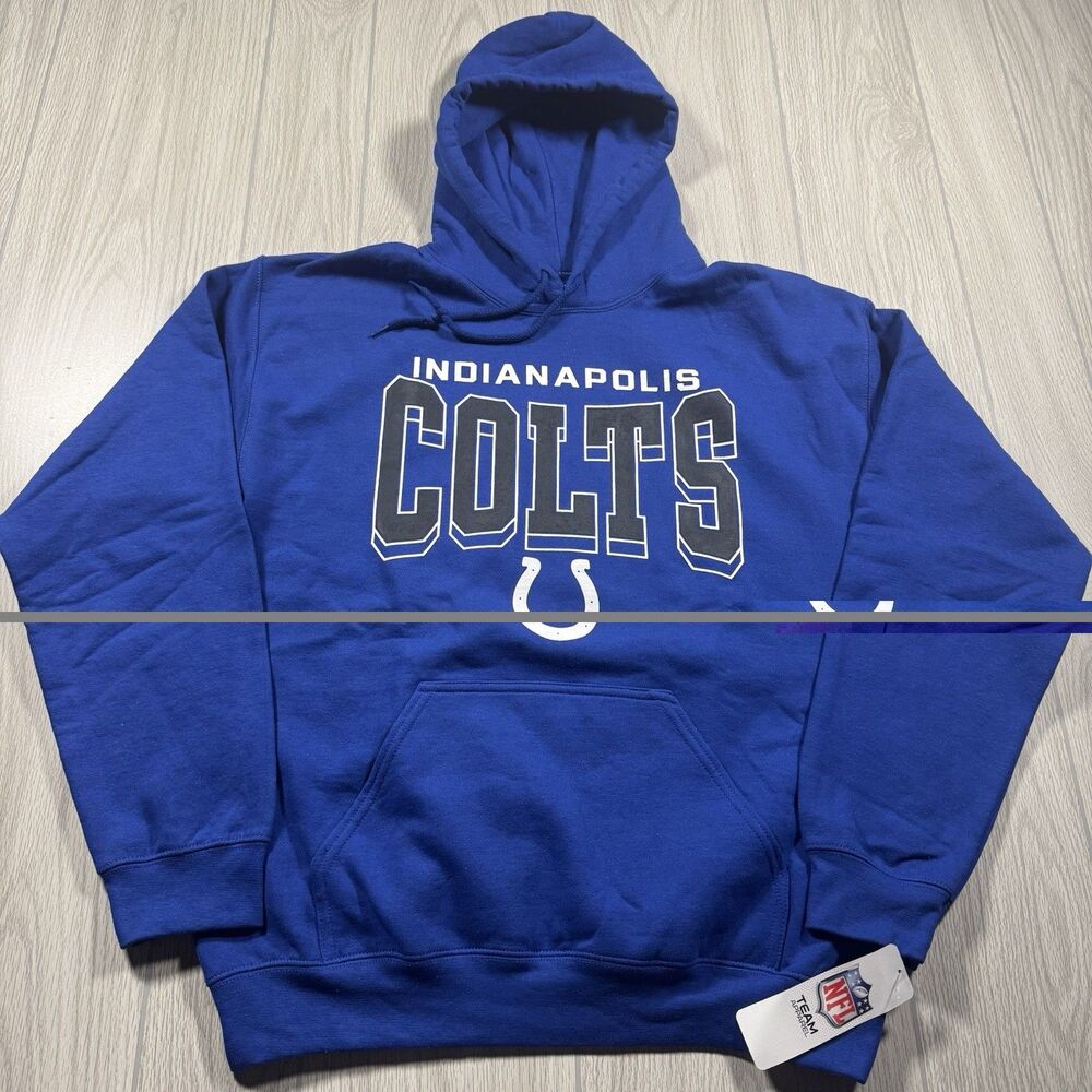 Indianapolis Colts Hoodie Men’s M Blue Spellout Logo NFL Team Apparel Fleece New